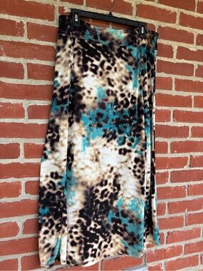 Vintage Boho Animal Print Maxi Skirt with Teal Accents